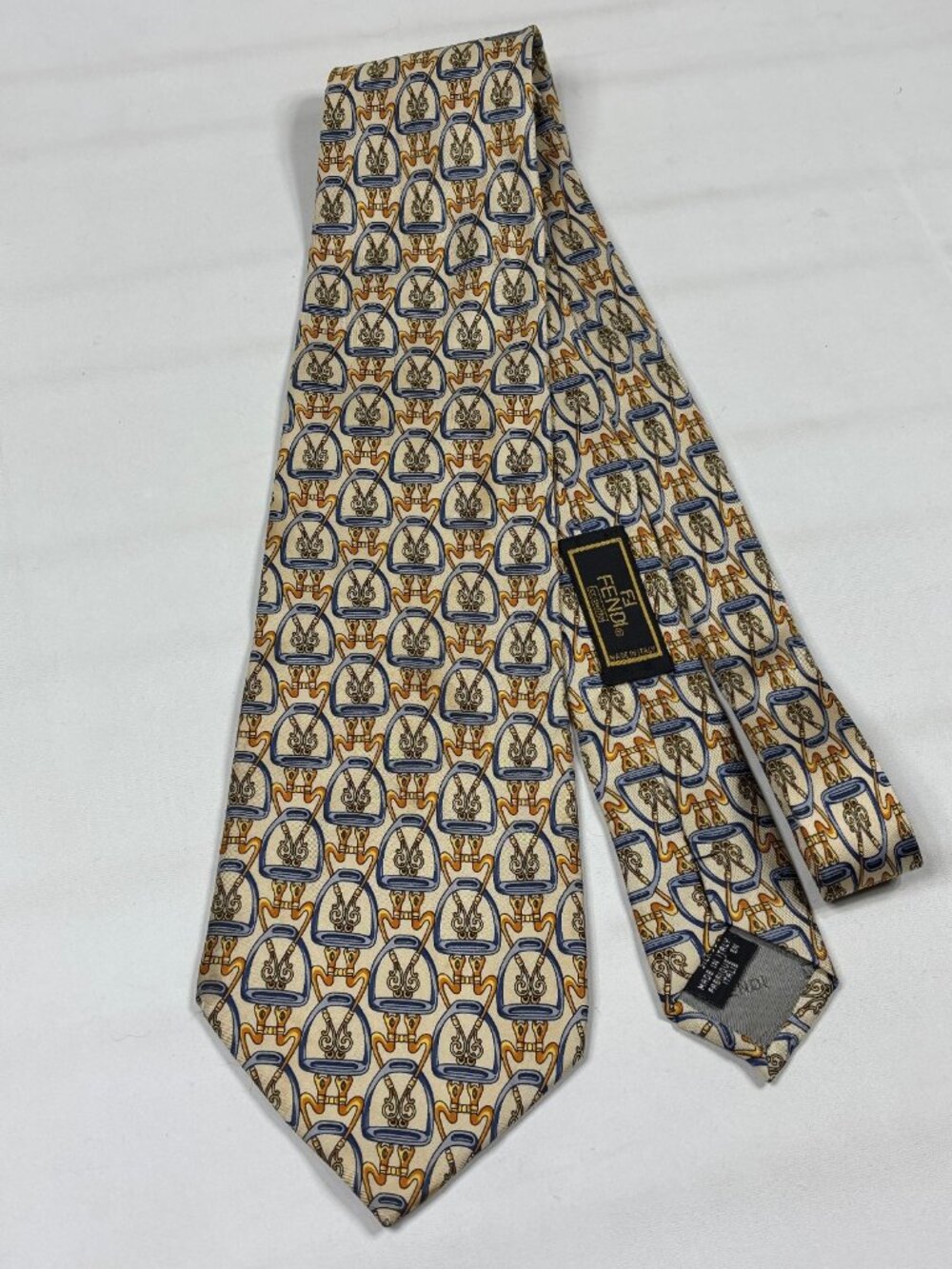 VTG Fendi Silk Tie Yellow Blue Beige Pendant Motif Made In Italy 90s Designer